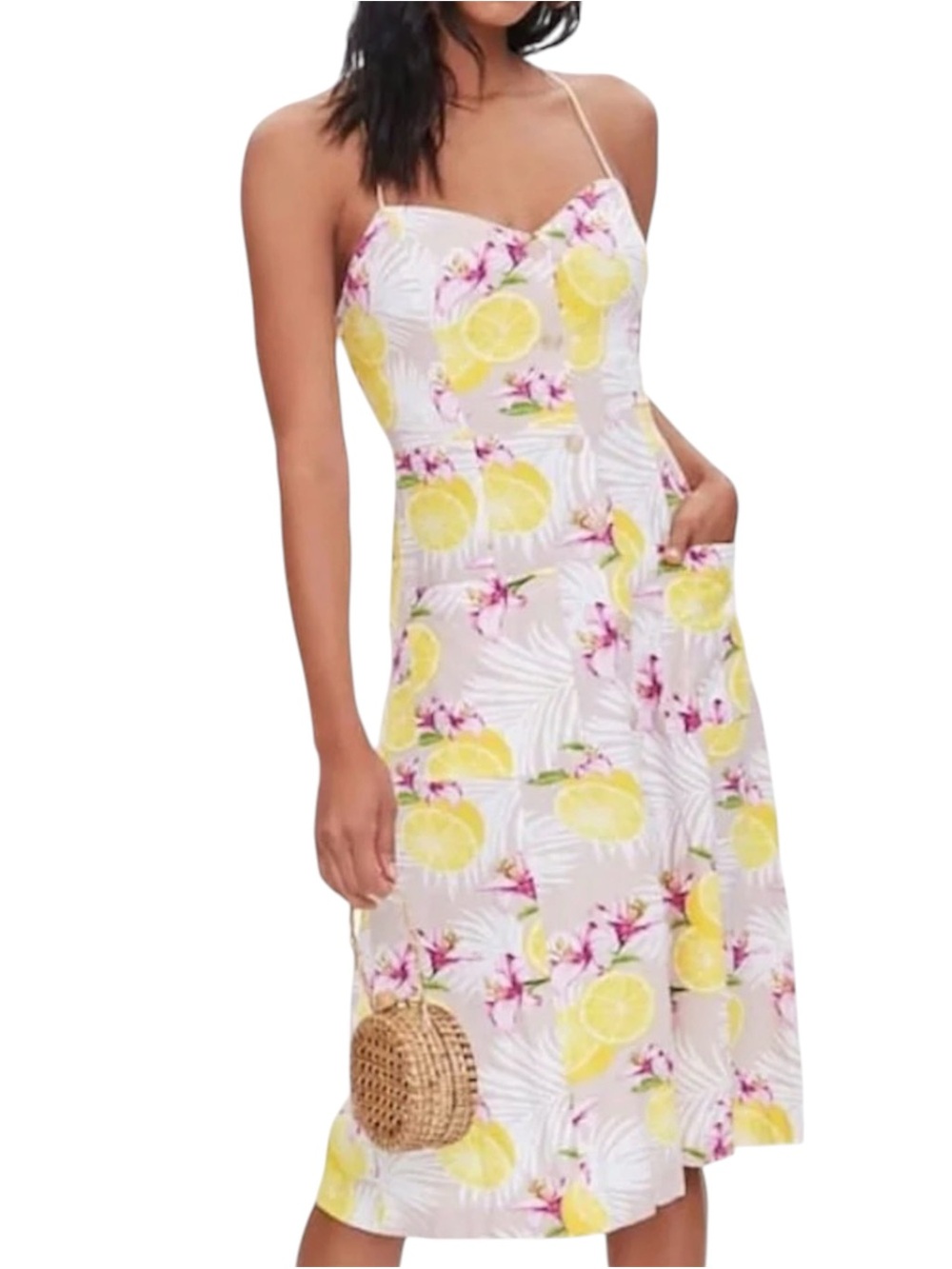 NEW Forever 21 Linen Blend Lemon Floral Print Spaghetti Straps Back Tie Sundress